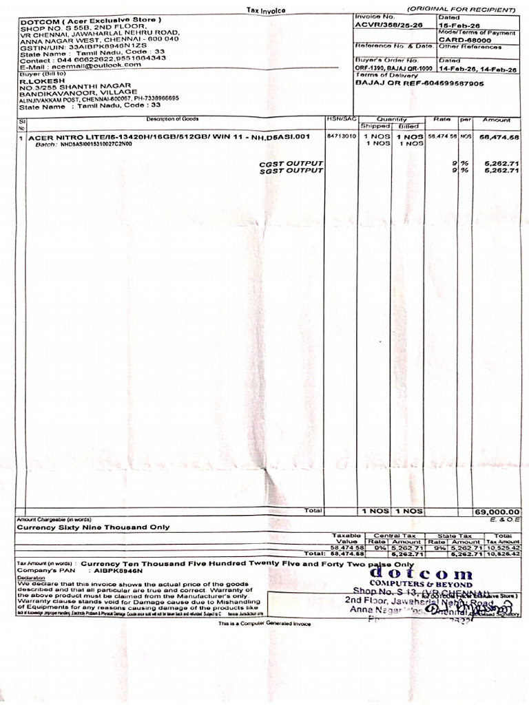 Laptop Bill | PDF