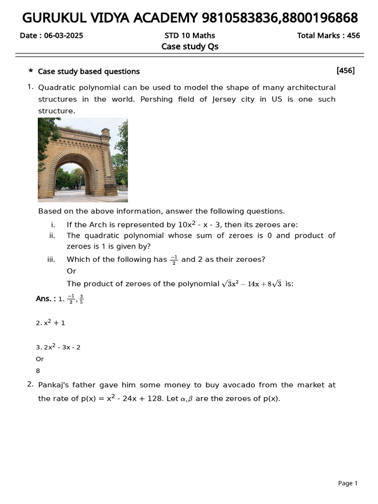 Case Study Qs Maths 10 TH - Solution | PDF | Abstract Algebra ...