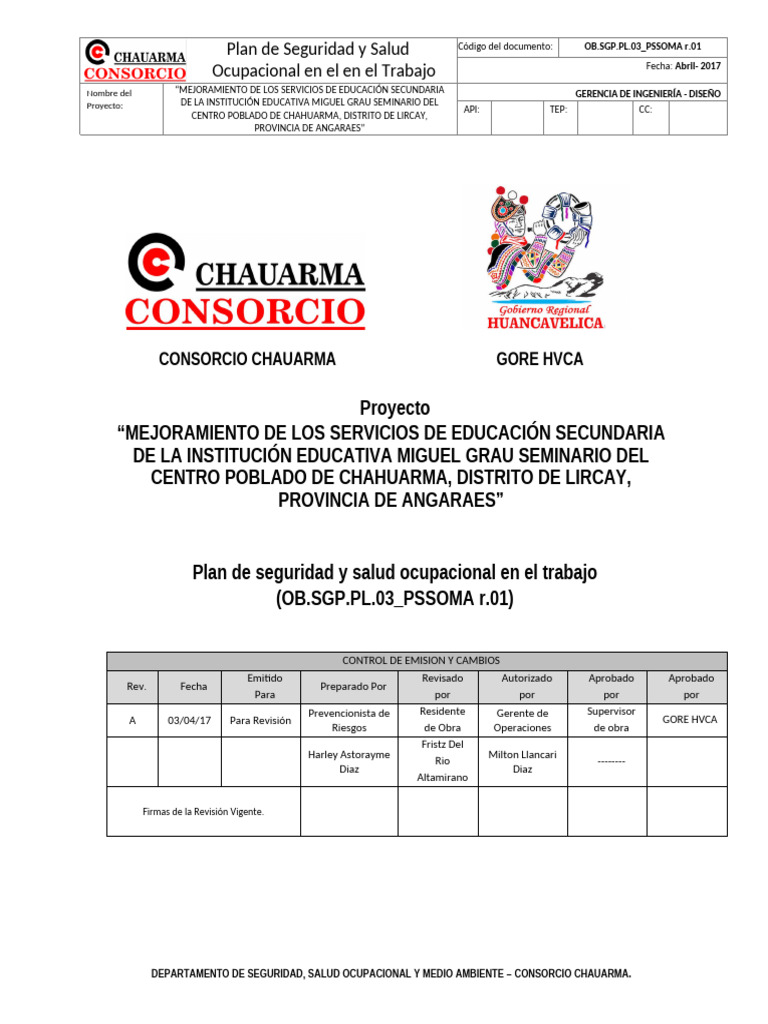 Plan de Seguridad y Salud Ocupacional en El Trabajo | PDF | Seguridad y ...