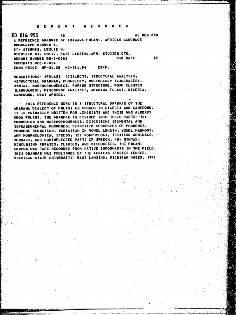 Fula A Reference Grammar of Adamawa Fulani (Stennes) | PDF