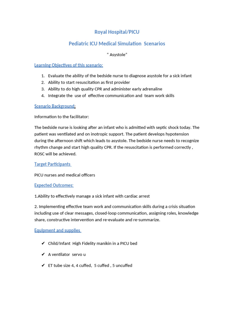 Pediatric ICU Medical Simulation Scenarios For Nursing - Cardiac Arrest ...
