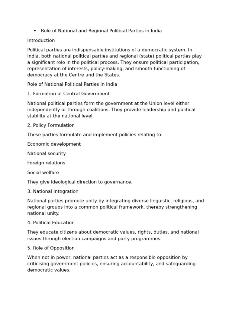Role of National and Regional Political Parties in India | PDF ...