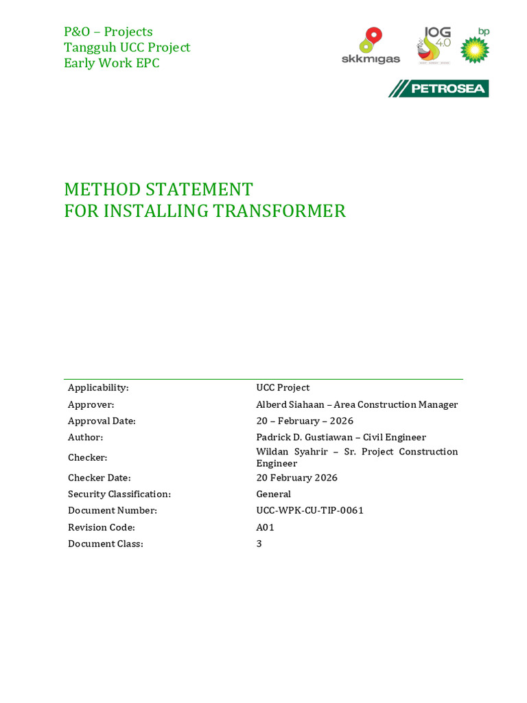 UCC WPK CU TIP 0061_Method Statement for Installing Transformer | PDF ...