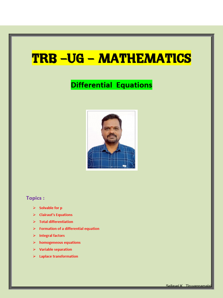 UG TRB Maths Differential Equations Questions With Answer Key English ...