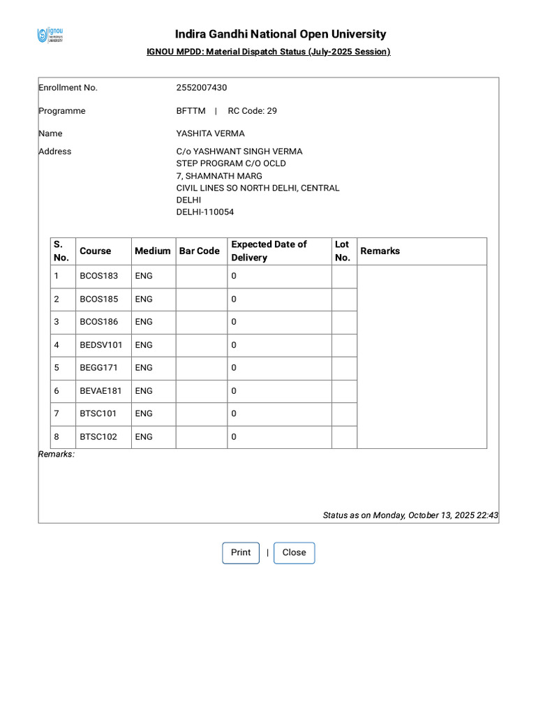 IGNOU_ Student Material Status | PDF