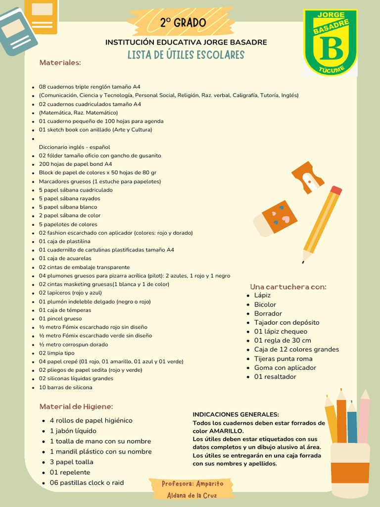 Lista de Útiles Escolares 2do Grado - 20260210 - 102621 - 0000 | PDF ...