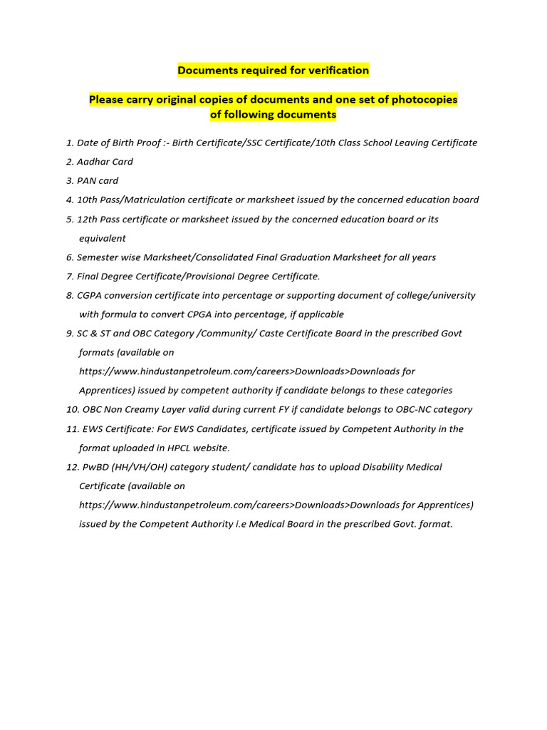 Documents Required for Verification | PDF