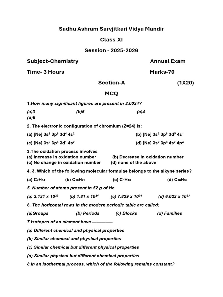 Chemistry Question Paper | PDF | Mole (Unit) | Chemical Reactions