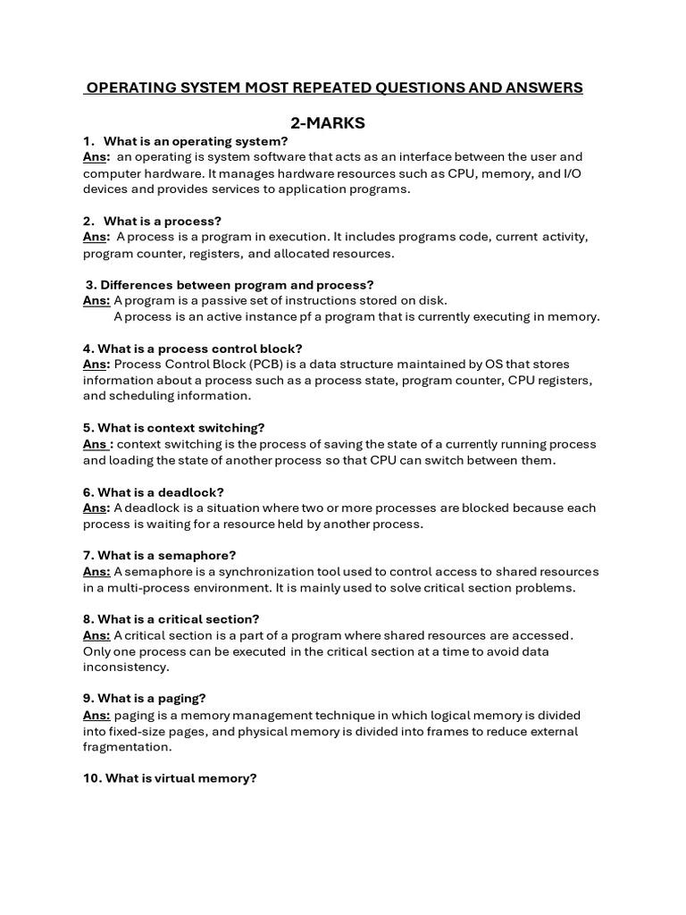 O.S Important Questions and Answers | PDF | Operating System | Process ...