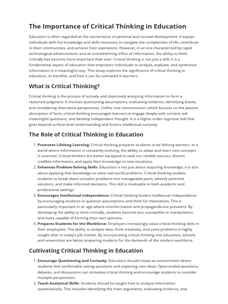 The Importance of Critical Thinking in Education | PDF | Critical ...