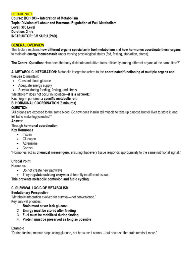 LECTURE Note BMB 303 Division of Labour and Hormonal Regulation of Fuel ...