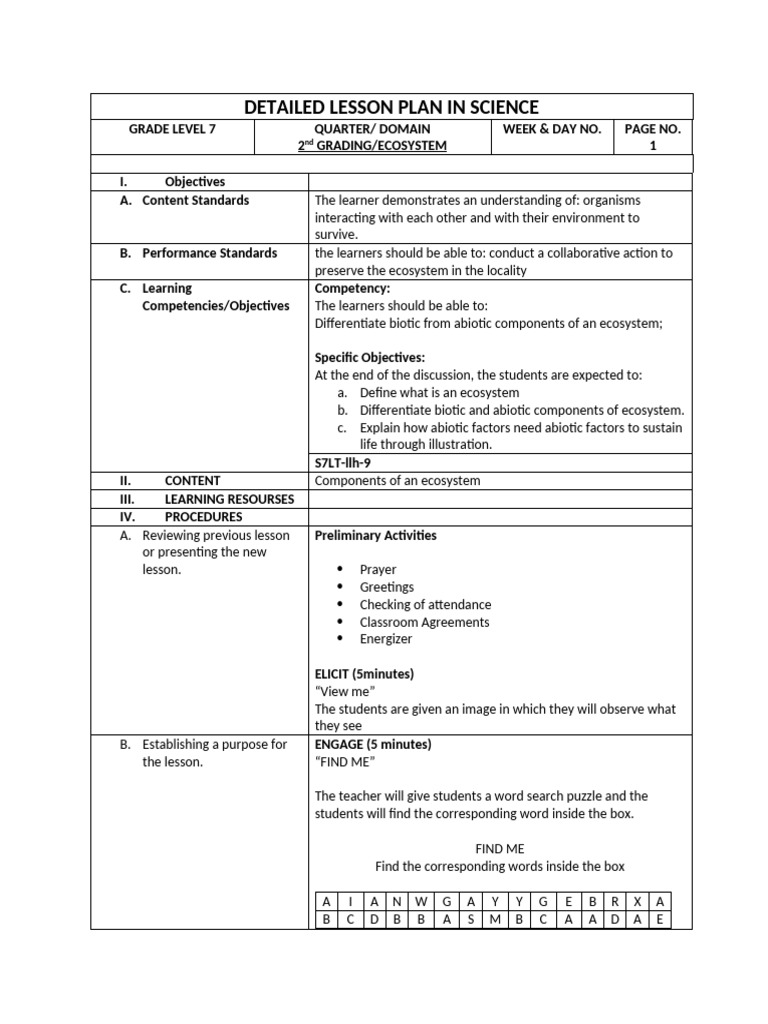 Detailed Lesson Plan in Science | PDF | Ecosystem | Lesson Plan
