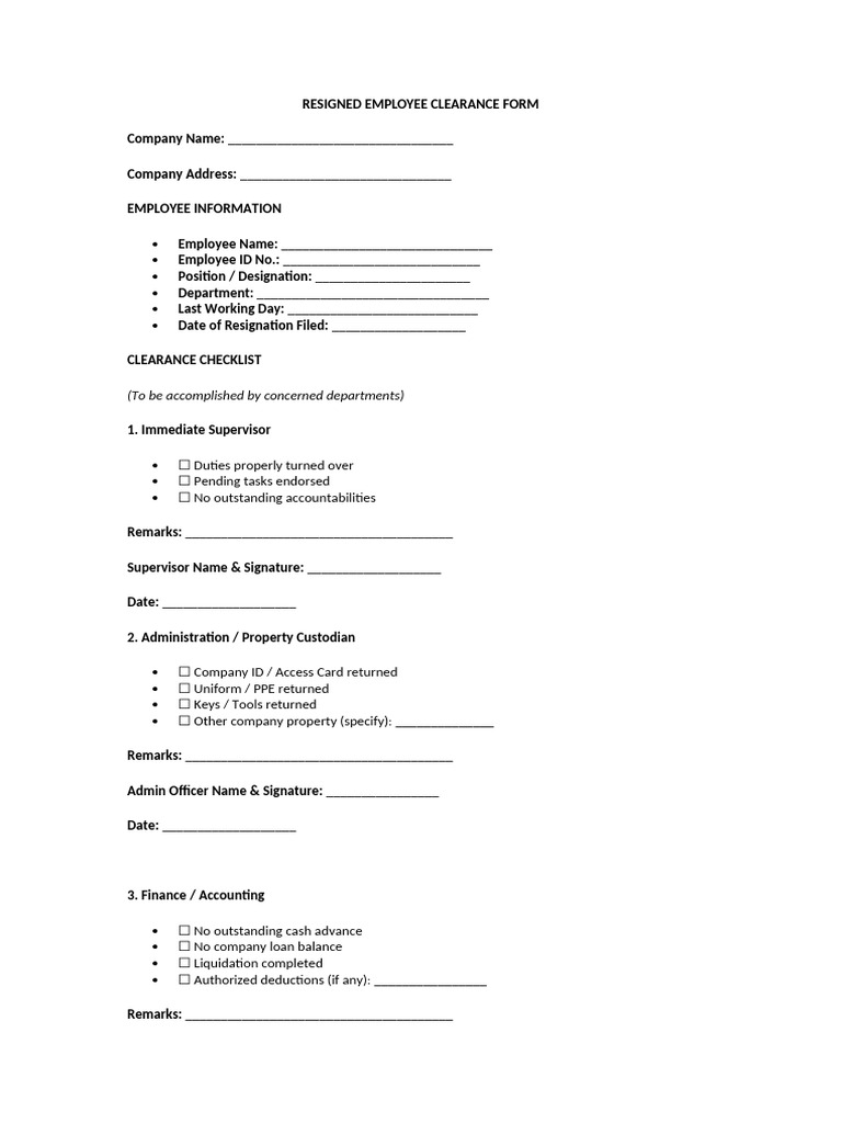 Resigned Employee Clearance Form | PDF