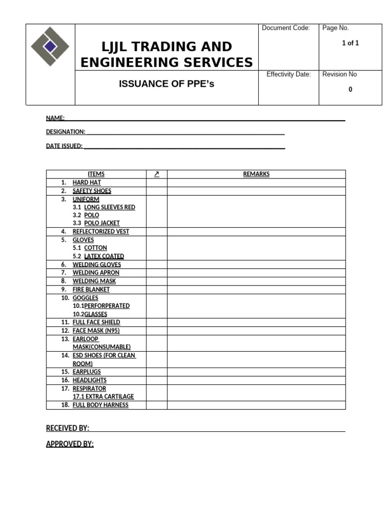 01.7 Ohsms - Ppe - Issuance of Ppe | PDF