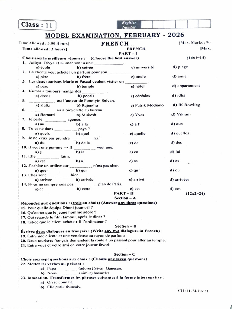 XI 26 French Model Examination | PDF