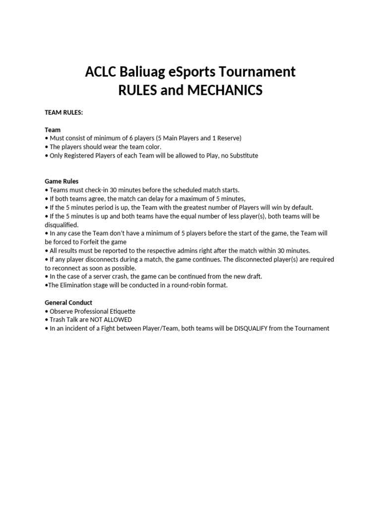 ACLC Baliuag ESports Tournament RULES and MECHANICS 1 | PDF