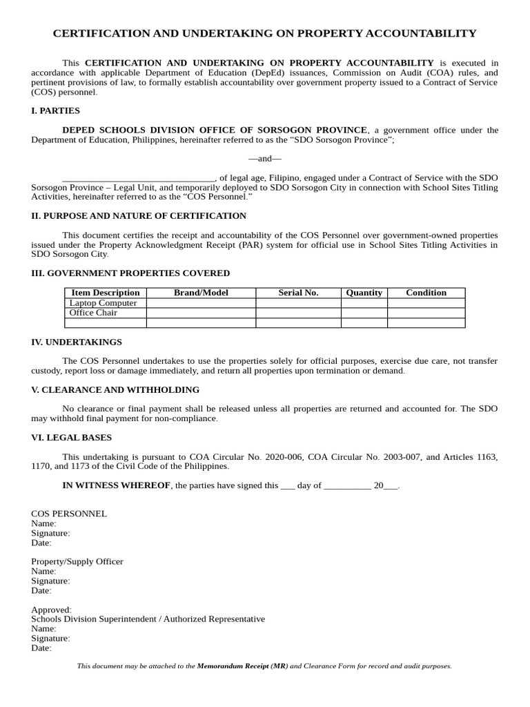 Certification and Undertaking on Property Accountability | PDF