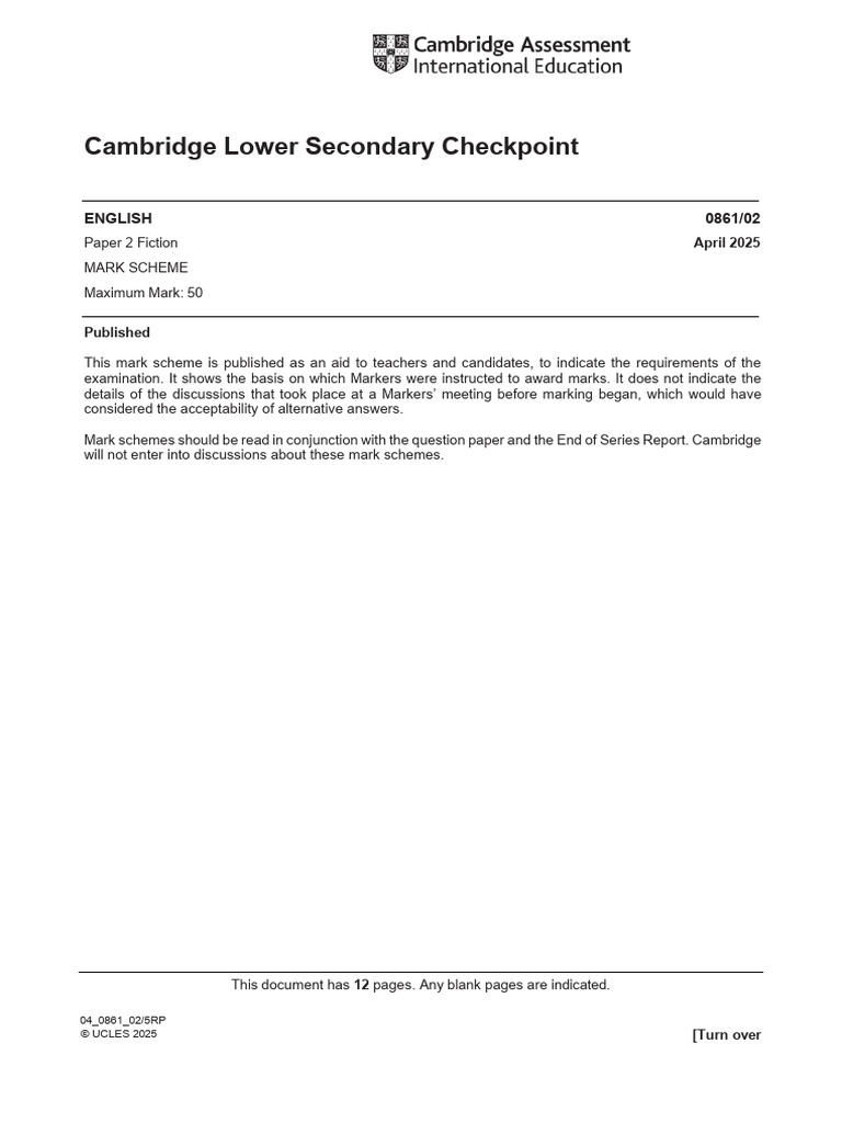 Cambridge Checkpoint Apr2025 Eng P2 MS | PDF | Adjective | Verb