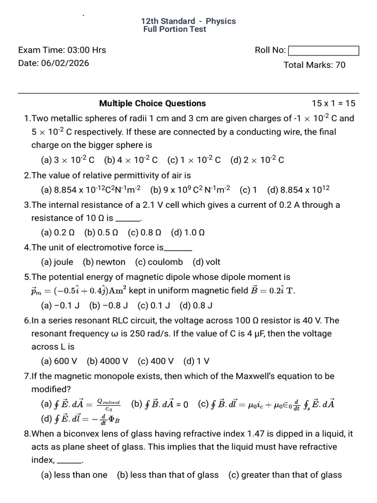 Physics - Full Portion Test | PDF | Electron | Dielectric