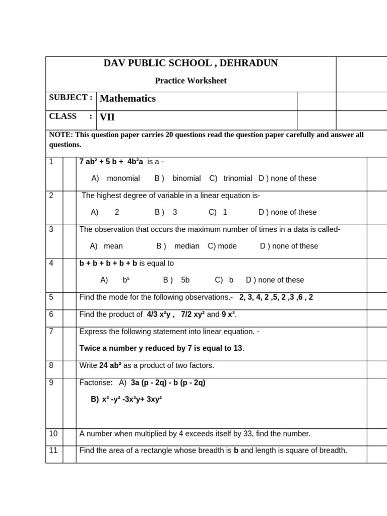 Class 7 Worksheet | PDF | Equations | Mathematical Analysis