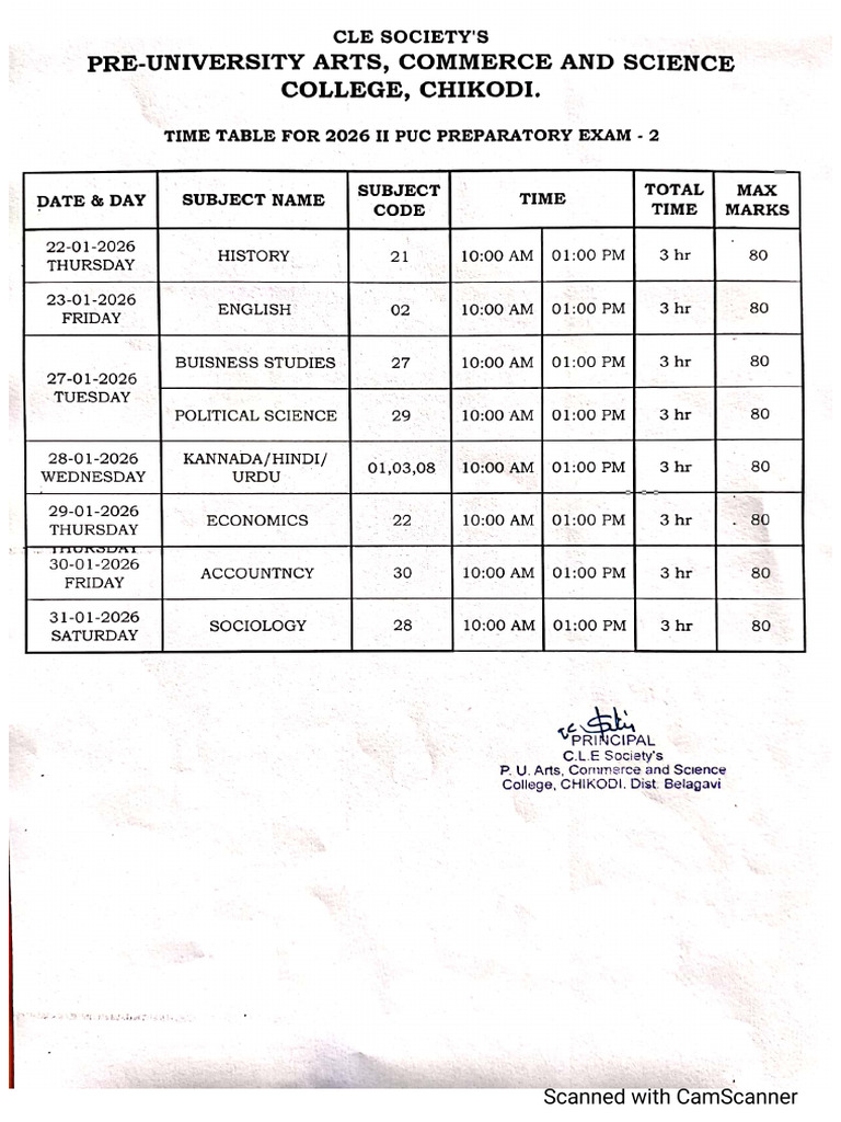 PUC-II Preparatory Examination-II Time Table-2026 | PDF