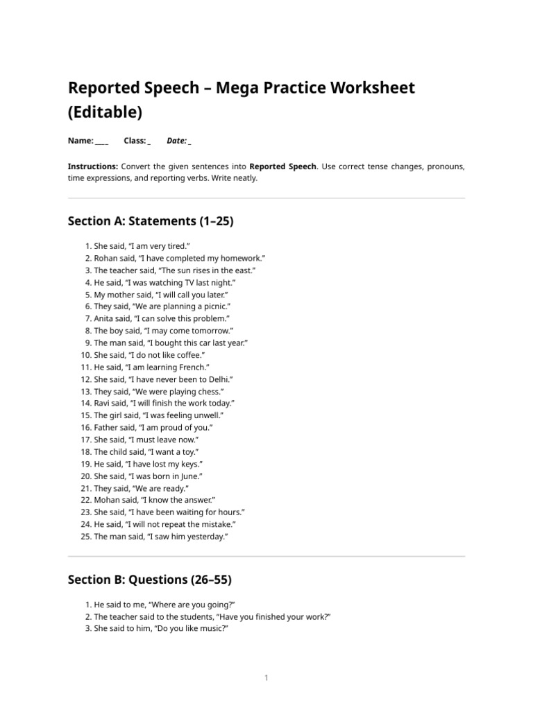 Reported Speech - Editable Worksheet | PDF