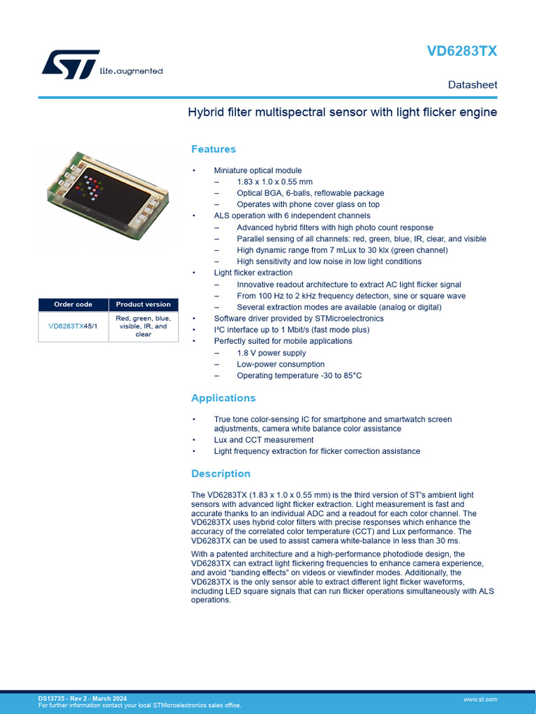 ST, VD6283TX, Hybrid Filter Multispectral Sensor With Light Flicker ...
