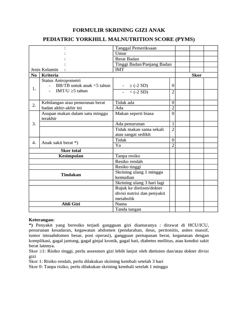 Formulir Skrining Gizi Anak-Pyms | PDF
