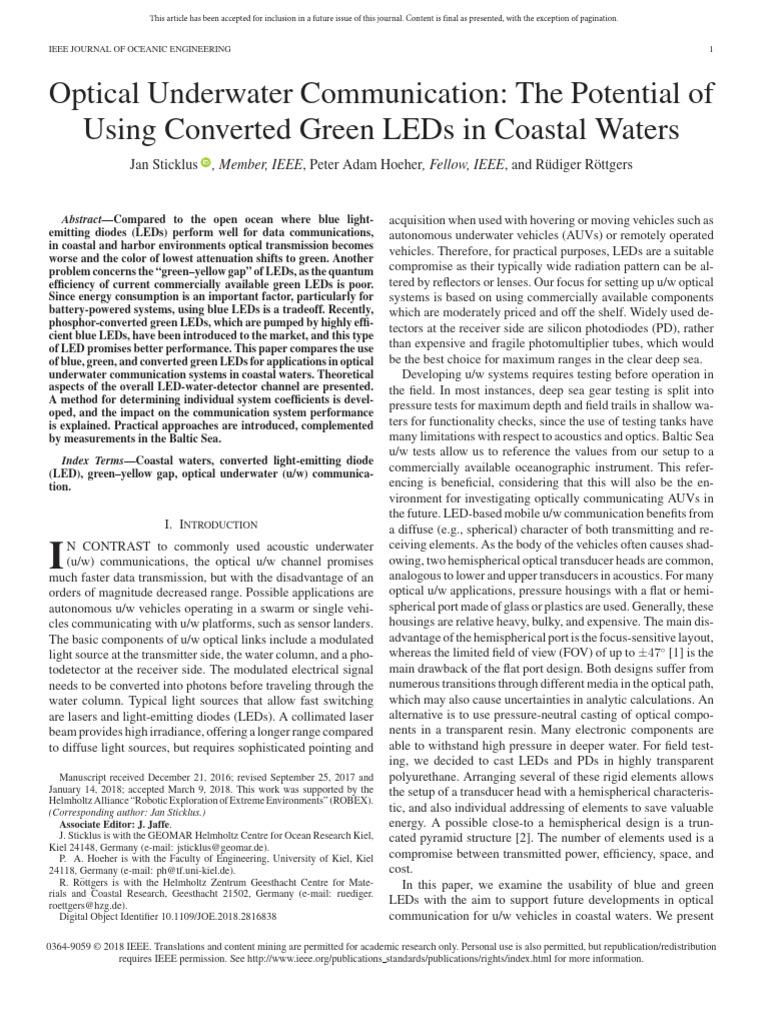 Optical Underwater Communication The Potential of | PDF | Light ...