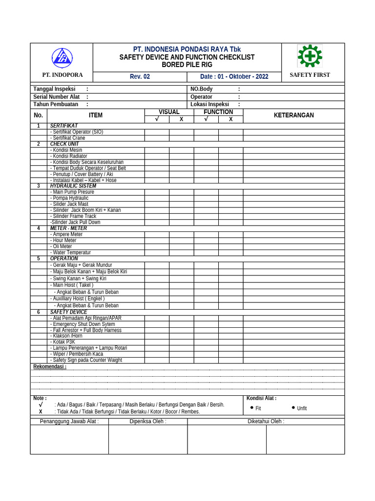 Safety Device and Function Checklist - Bored Pile Rig - Mady | PDF