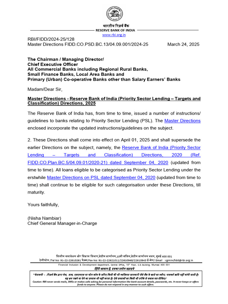 Rbi PSL Master Directions 24-03-25 | PDF | Financial Services | Economies