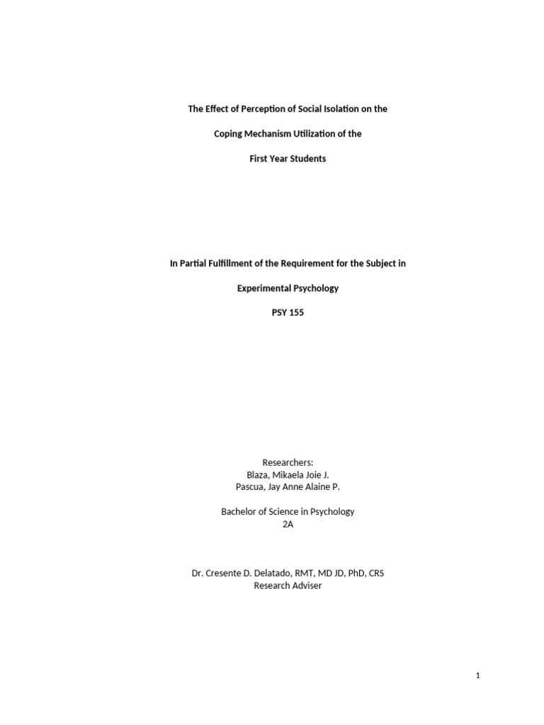 The Effect of Perception of Social Isolation on Coping Mechanism ...