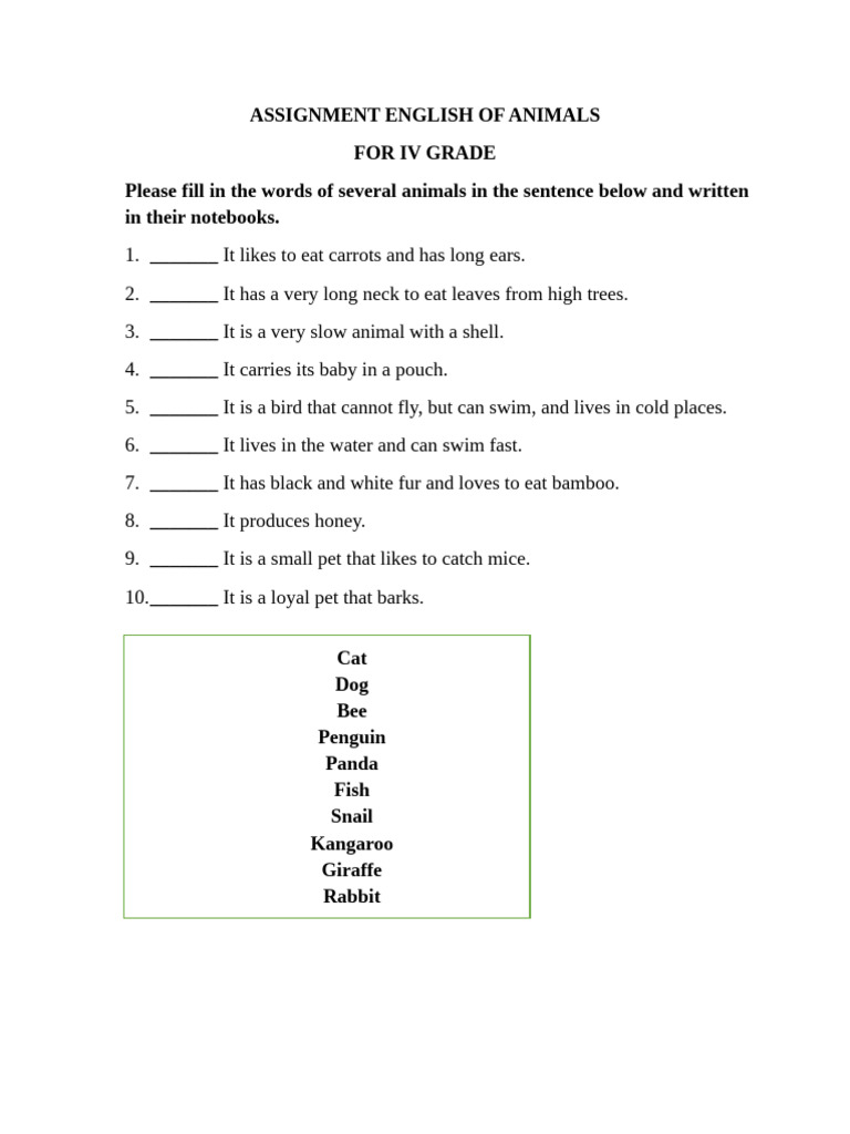 Assignment English of Animals | PDF