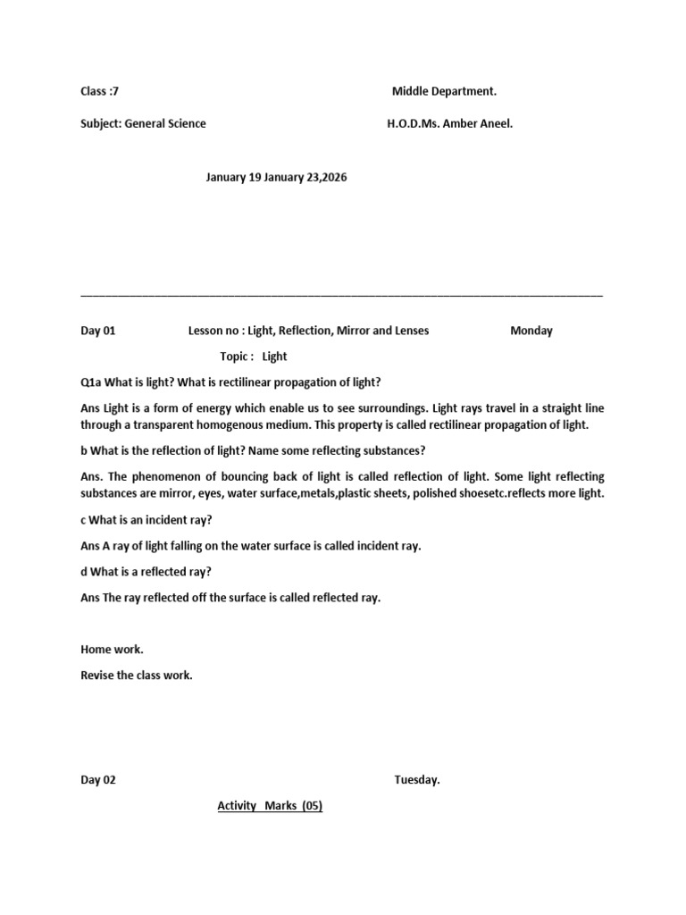 Class 7 Science Week 46 | PDF | Mirror | Electromagnetic Spectrum