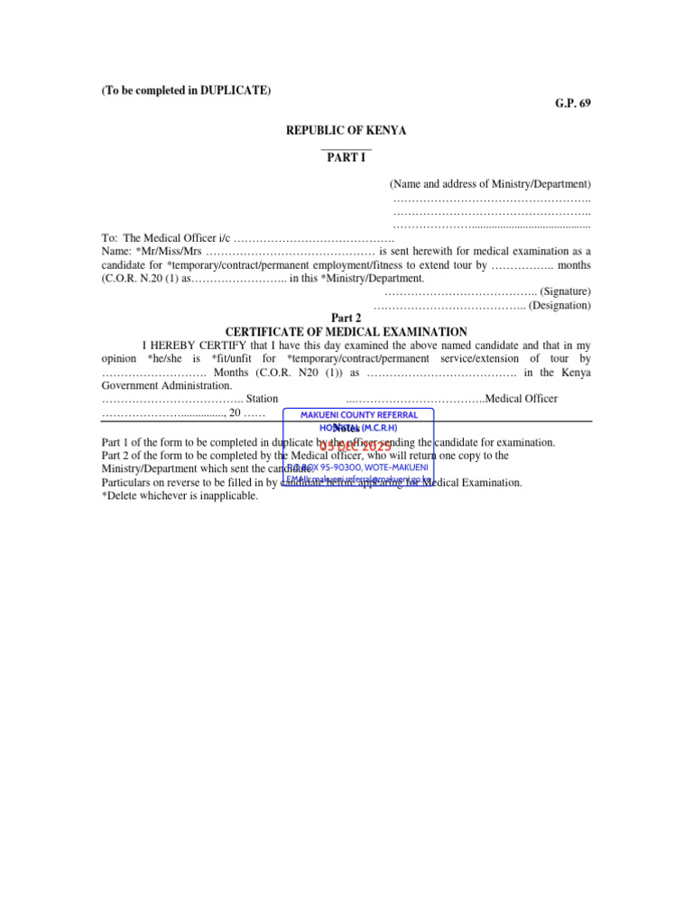 GP 69 Medical Form Machakos | PDF | Health Sciences | Health Care