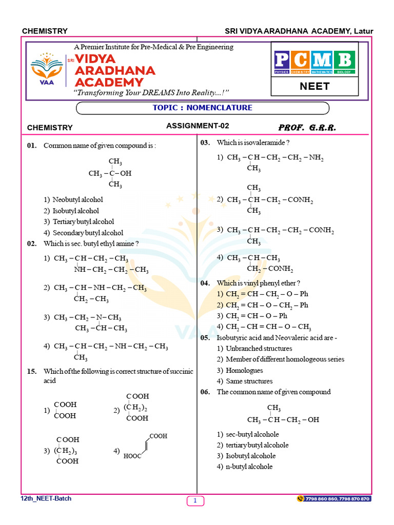 02 Nomenclature Assignment 02 | PDF | Chemical Compounds | Organic ...