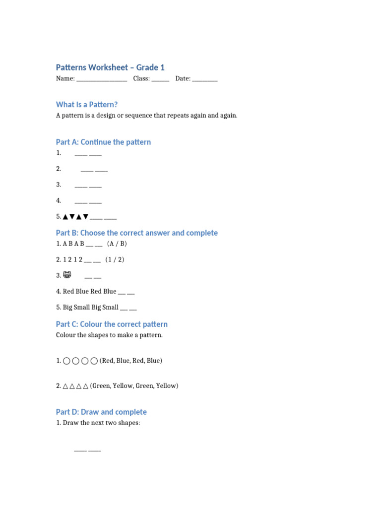 Grade 1 Patterns Worksheet CBSE | PDF
