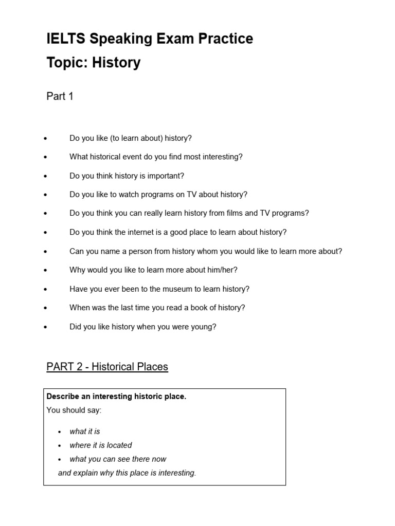 IELTS Speaking Exam Practice - Speaking Part 1,2 & 3 - Topic - History ...