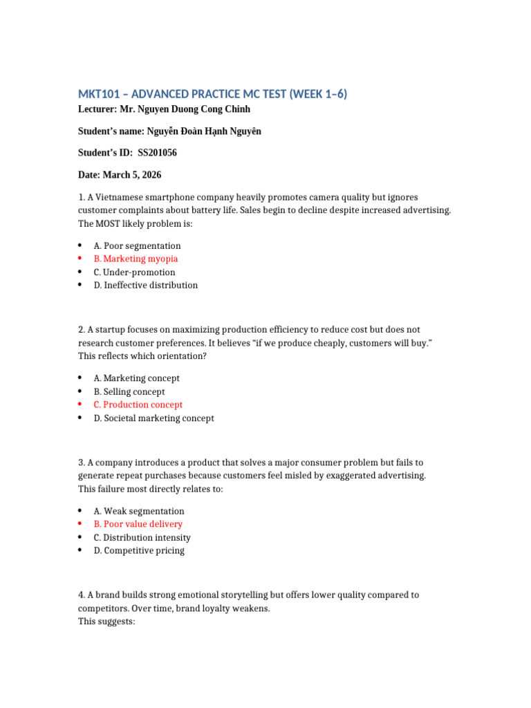 Mkt101 - Advanced Practice MC Test (Week 1-6) | PDF | Brand | Market ...