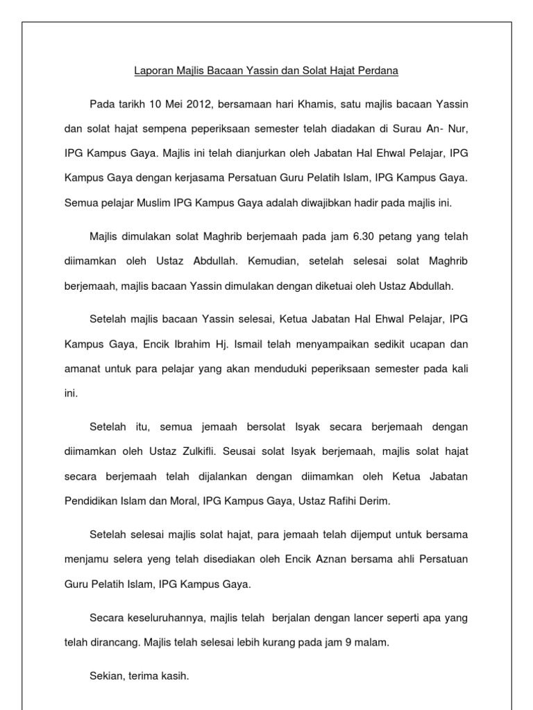 Laporan Majlis Bacaan Yassin Dan Solat Hajat Perdana