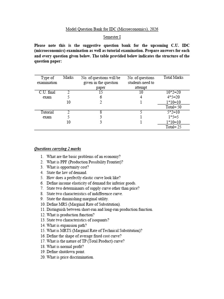 MODEL Question Paper Sem 1 IDC MDC | PDF | Demand | Economic Equilibrium