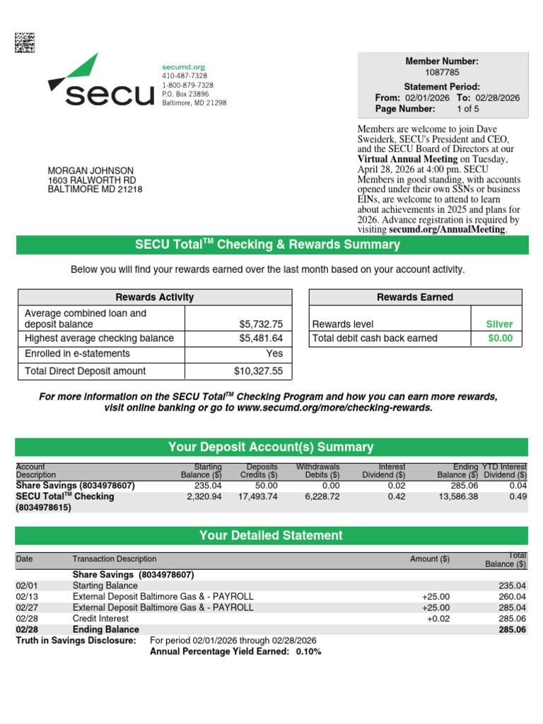SECU Total Checking & Rewards Summary: Member Number: Statement Period ...