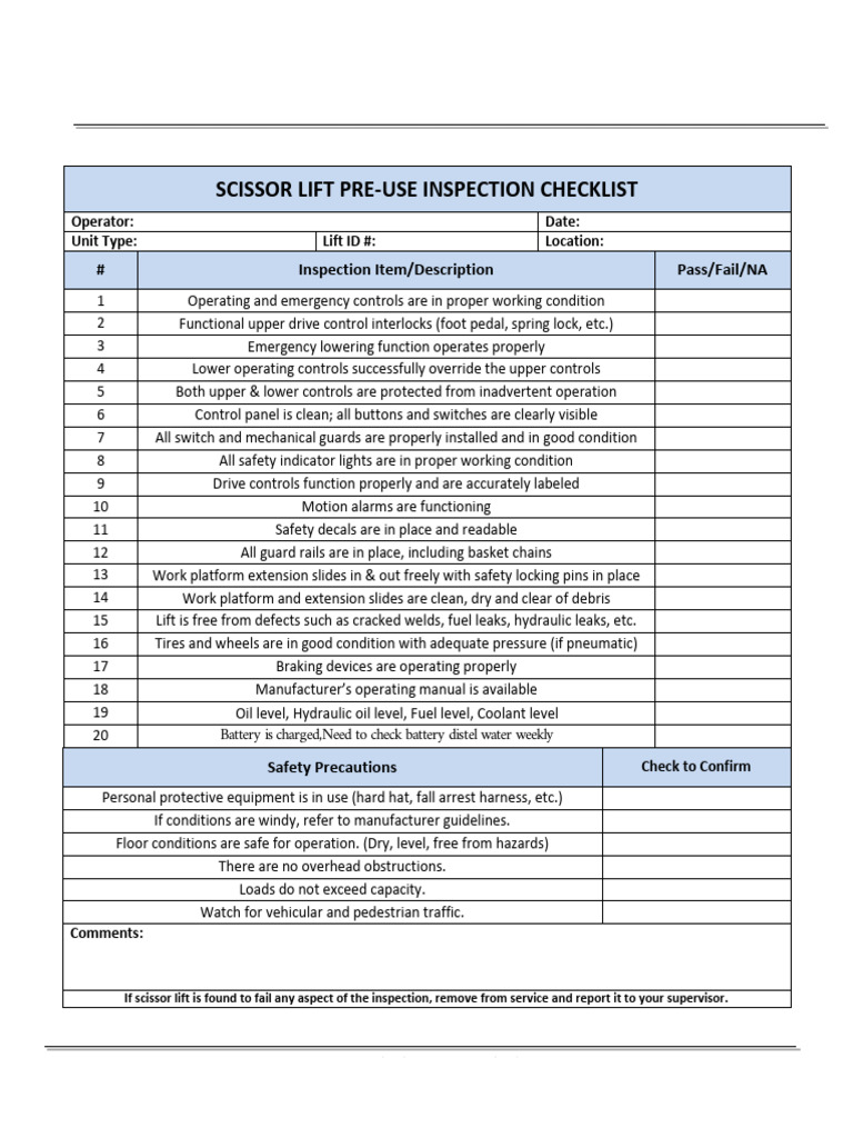 Scissor Lift Pre Use Inspection Checklist | PDF | Elevator | Machines