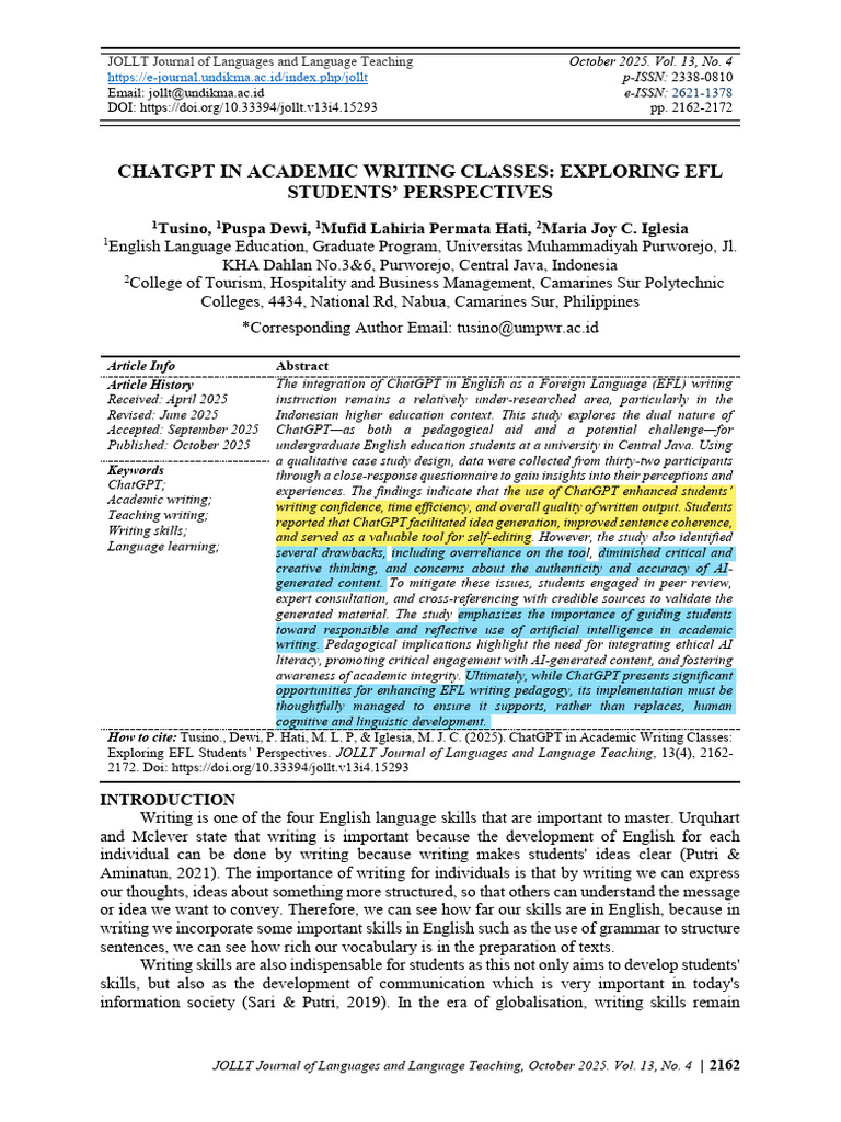 ChatGPT in Academic Writing Classes Exploring EFL | PDF | Artificial ...