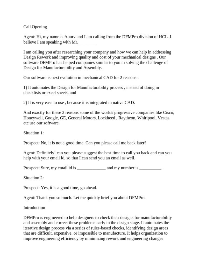 HCL - DFMPro Call Script Final 2 | PDF | Product Lifecycle | Computer ...
