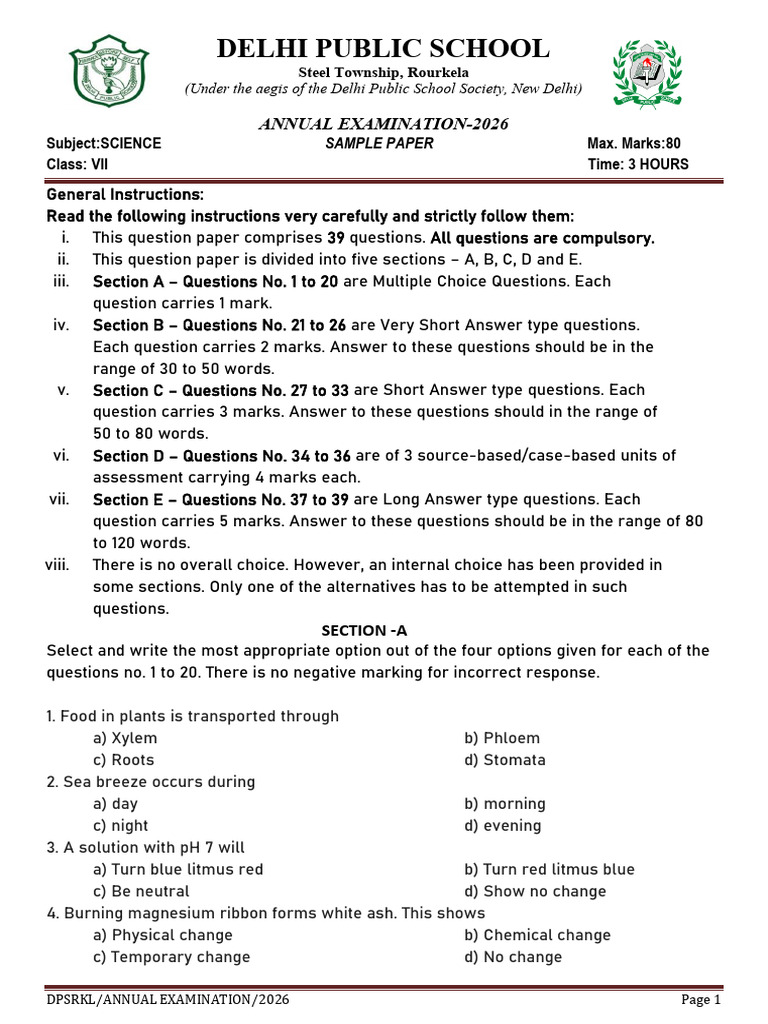 Class Vii - Science-Sample Paper - Annual Exam | PDF | Plants | Sodium ...