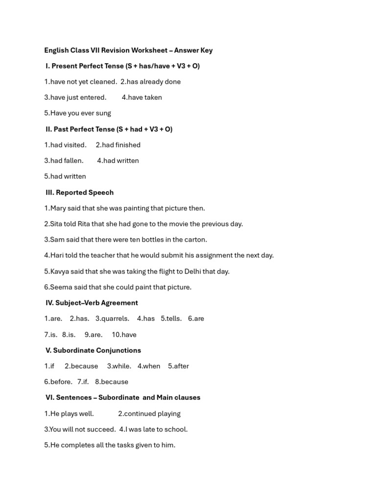 Class VII English Revision Worksheet Answer Key | PDF