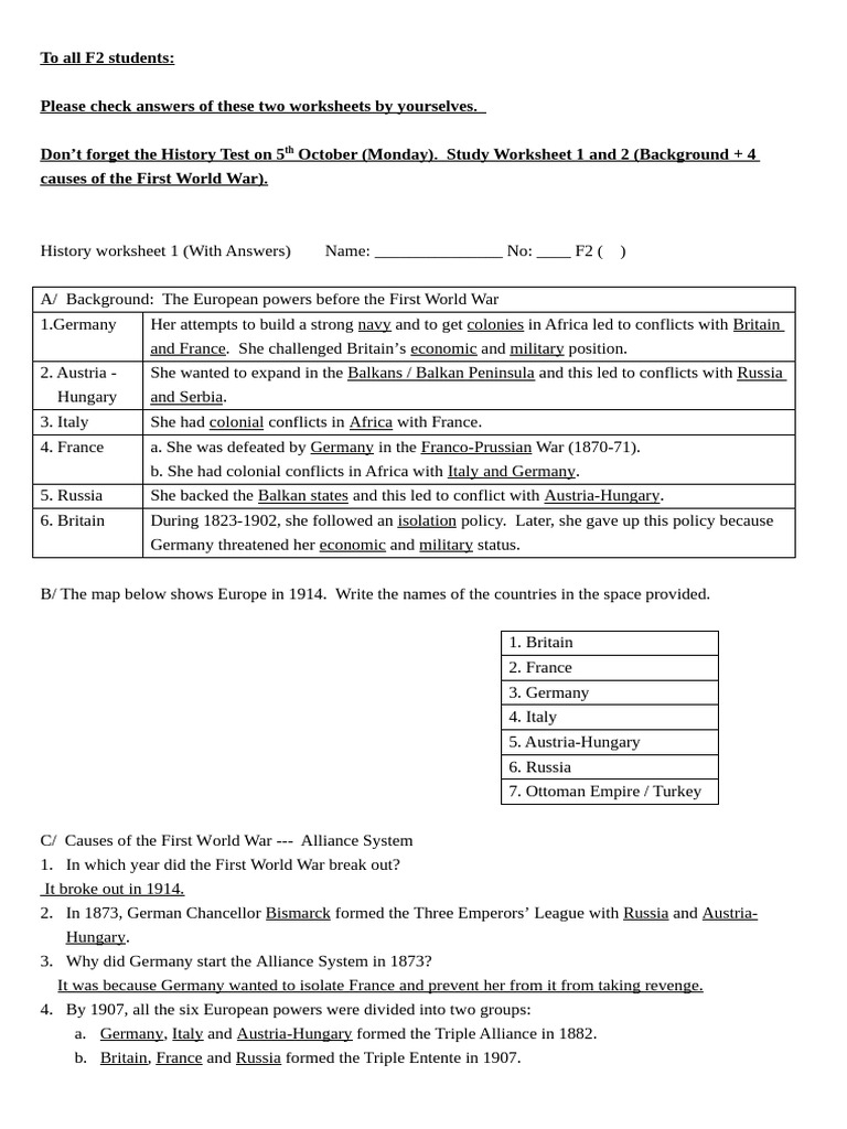 History Worksheet 1 (With Answers) | PDF | World War I | Conflicts