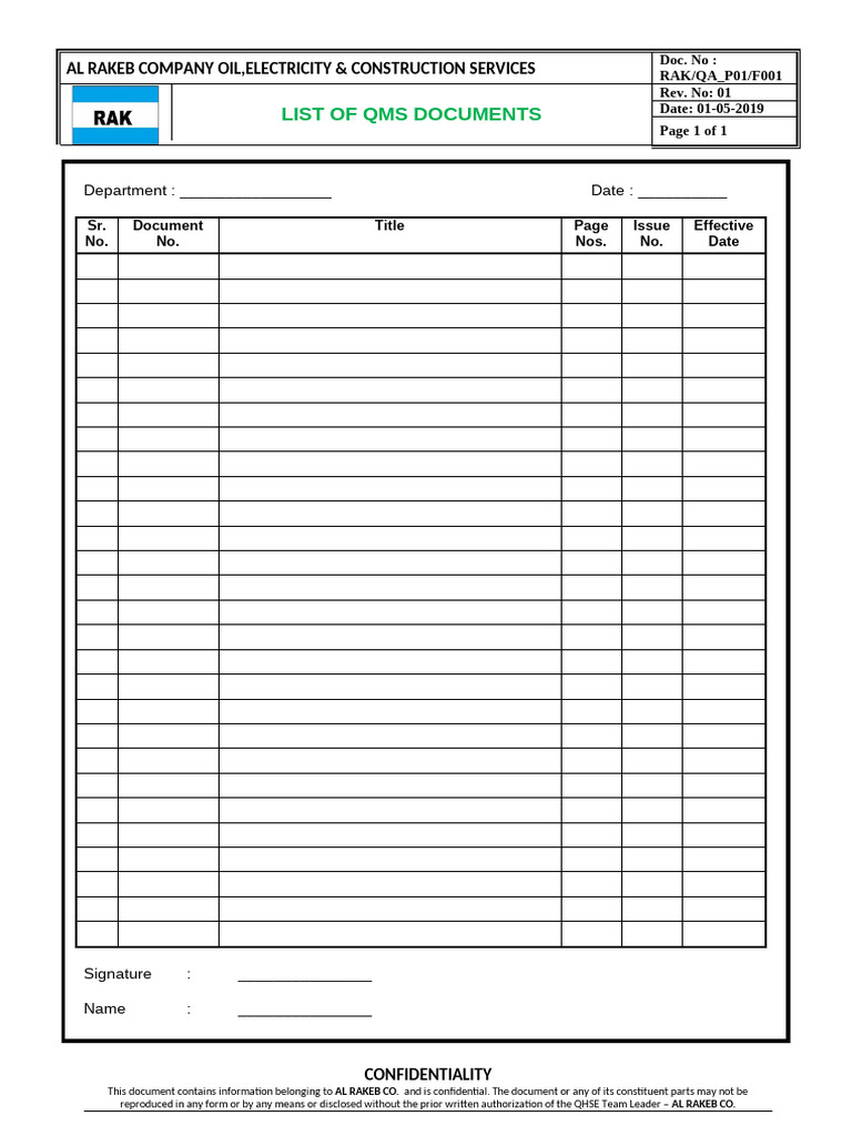 Rak-Qa - p01-f001 List of Qms Documents | PDF