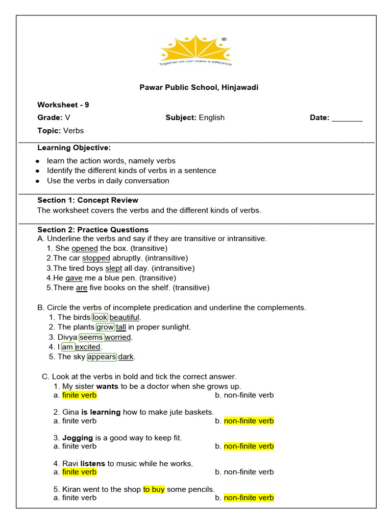 Class 5 AK Worksheet 9 Verbs | PDF | Verb | Subject (Grammar)